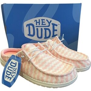 Hey Dude Womens Wendy Slip Terry Stripe‎ Pink and White Mules Slip Ons 11